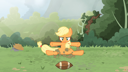 Size: 3840x2160 | Tagged: safe, artist:brutalweather studio, applejack, earth pony, pony, ponyville's incident, g4, american football, derp, forest, high res, landing, literal butthurt, lol, show accurate, smack, smack dat ass, sports, this is going to hurt, this will end in pain