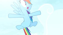 Size: 1702x957 | Tagged: safe, artist:brutalweather studio, rainbow dash, pony, g4, belly, cloud, derp, featureless crotch, flying, great moments in animation, midair, scared, shocked, show accurate, sky, spread legs, spreading, wide eyes, wide hips