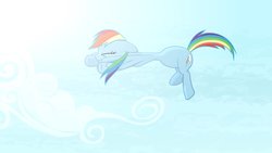 Size: 1702x957 | Tagged: safe, artist:brutalweather studio, rainbow dash, pony, ponyville's incident, g4, abuse, butt inflation, cartoon physics, cloud, dashabuse, derp, flying, great moments in animation, lol, shapeshifting, show accurate, sky, stuck