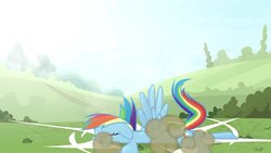 Size: 1702x957 | Tagged: safe, artist:brutalweather studio, rainbow dash, pony, ponyville's incident, g4, abuse, cartoon physics, dashabuse, derp, falling, freefall, great moments in animation, show accurate, smack, this is going to hurt
