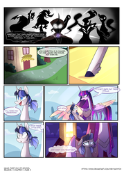 Size: 3500x4900 | Tagged: safe, artist:iheyyasyfox, twilight sparkle, oc, oc:stella alba nyx, alicorn, pony, comic:first day of school, g4, cloak, clothes, female, filly, mare, mother and daughter, offspring, parent:flash sentry, parent:twilight sparkle, parents:flashlight, twilight sparkle (alicorn)