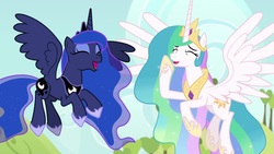 Size: 1920x1080 | Tagged: safe, screencap, princess celestia, princess luna, alicorn, pony, between dark and dawn, g4, chestplate, crown, cute, cutelestia, duo, ethereal mane, ethereal tail, eyeliner, eyes closed, female, flowing mane, flowing tail, flying, hoof shoes, jewelry, laughing, lunabetes, makeup, mare, multicolored mane, multicolored tail, peytral, regalia, royal sisters, siblings, sisters, spread wings, starry mane
