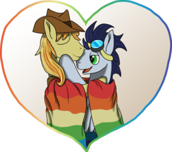 Size: 2407x2131 | Tagged: safe, artist:lizardwithhat, braeburn, soarin', earth pony, pegasus, pony, g4, couple, cowboy hat, gay, goggles, hat, high res, male, pride, pride flag, pride month, ship:soarburn, shipping, snuggling, stallion
