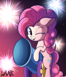 Size: 1700x2000 | Tagged: safe, artist:lamb, pinkie pie, earth pony, pony, g4, :p, bipedal, colored sketch, cute, diapinkes, female, fireworks, floppy ears, night, one eye closed, party cannon, signature, solo, tongue out, wink
