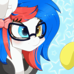 Size: 1111x1111 | Tagged: safe, artist:n0nnny, oc, oc:beatbreaker, oc:mixi creamstar, pegasus, pony, g4, abstract background, animated, blushing, boop, bow, cheeki breeki, commission, cute, ear fluff, eye shimmer, frame by frame, gif, glasses, happy, headphones, heterochromia, hnnng, male, n0nnny's boops, nose wrinkle, offscreen character, scrunchy face, smiling, solo focus