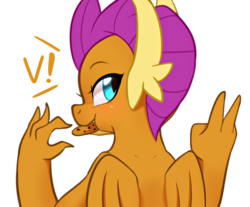 Size: 2900x2400 | Tagged: safe, artist:maren, smolder, dragon, g4, cookie, cute, dragoness, eating, facing away, female, food, high res, looking back, peace sign, simple background, smolderbetes, solo, v, white background
