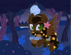 Size: 683x526 | Tagged: safe, artist:jessie park, oc, oc:akina, pegasus, pony, african, african pony, animated, brown coat, brown mane, chibi, cute, dreadlocks, flower, flower in hair, flying, forest, green eyes, jewelry, looking at you, necklace, nigeria, night, ocbetes, pegasus oc, smiling, smiling at you, solo