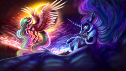 Size: 1920x1080 | Tagged: safe, artist:alissa1010, nightmare moon, princess celestia, alicorn, pony, g4, crying, duo, duo female, fangs, female, flying, frown, mare, open mouth, open smile, smiling, spread wings, wings
