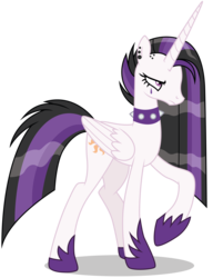 Size: 4000x5218 | Tagged: safe, artist:dragonchaser123, princess celestia, alicorn, pony, between dark and dawn, absurd resolution, alternate hairstyle, celestia is not amused, displeased, dyed mane, dyed tail, ear piercing, face paint, female, folded wings, frown, glare, goth, hoof shoes, mare, multicolored mane, multicolored tail, narrowed eyes, piercing, punklestia, raised hoof, simple background, solo, spiked collar, transparent background, unamused, vector