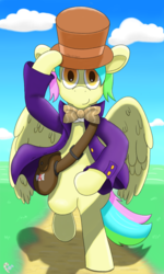 Size: 3750x6250 | Tagged: safe, artist:flavorful_sweets, oc, oc only, oc:flavorful sweets, pegasus, pony, hat, solo, willy wonka outfit