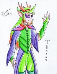 Size: 1024x1327 | Tagged: safe, artist:the1king, thorax, changedling, changeling, human, g4, armor, bracer, crown, horn, horned humanization, humanized, jewelry, king thorax, male, pointed ears, regalia, solo