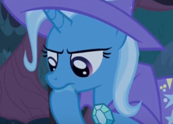 Size: 374x268 | Tagged: safe, screencap, trixie, pony, unicorn, g4, student counsel, cape, clothes, cropped, drool, female, hat, hoof in mouth, mare, solo, trixie's cape, trixie's hat
