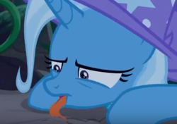 Size: 431x303 | Tagged: safe, screencap, trixie, pony, g4, student counsel, cropped, eating dirt, female, licking, mare, solo, tongue out