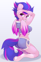 Size: 1000x1500 | Tagged: safe, artist:amberpendant, oc, oc only, oc:twilight blitz, pegasus, anthro, unguligrade anthro, anthro oc, breasts, commission, female, hand, kneeling, looking at you, looking back, looking back at you, mare, midriff, simple background, smiling, solo, sports shorts, wings