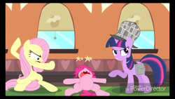 Size: 1240x698 | Tagged: safe, fluttershy, pinkie pie, twilight sparkle, earth pony, pegasus, pony, unicorn, g4, mmmystery on the friendship express, abuse, action pose, angry, badass, circling stars, female, flutterbadass, knocked out, missing teeth, on back, parody, pinkiebuse, scene parody, the naked gun, tongue out, unconscious, unicorn twilight