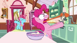 Size: 1920x1080 | Tagged: safe, screencap, cup cake, pinkie pie, earth pony, pony, between dark and dawn, g4, duo, faic, female, kitchen, long tongue, mare, ouch, pain, stuck, sugarcube corner, tongue out, whisk