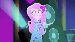 Size: 800x450 | Tagged: safe, screencap, fluttershy, equestria girls, equestria girls series, g4, the last drop, the last drop: fluttershy, spoiler:choose your own ending (season 2), spoiler:eqg series (season 2), :|, animated, blushing, clothes, cute, dancing, dress, female, flower, flower in hair, geode of fauna, gif, light, magical geodes, music festival outfit, nervous, shyabetes, solo, speaker, stage, stage fright, wide eyes