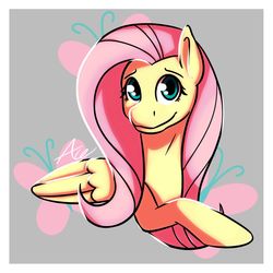Size: 1024x1024 | Tagged: safe, artist:acelinjack, fluttershy, pegasus, pony, g4, bust, cutie mark background, female, folded wings, looking at you, mare, portrait, smiling, solo, three quarter view, wings