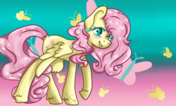Size: 1000x600 | Tagged: safe, artist:lucy1123, fluttershy, butterfly, pegasus, pony, g4, female, gradient background, looking at you, mare, raised hoof, smiling, solo, spread wings, standing, wings
