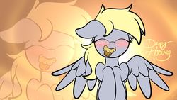 Size: 1920x1081 | Tagged: dead source, safe, artist:php142, derpy hooves, pegasus, pony, g4, blushing, commission, cute, eyes closed, female, food, mare, mouth hold, muffin, nom, solo, spread wings, wings, zoom layer