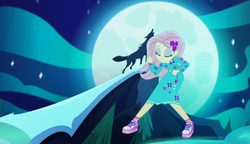Size: 1881x1080 | Tagged: safe, screencap, fluttershy, wolf, equestria girls, equestria girls series, g4, the last drop, the last drop: fluttershy, spoiler:choose your own ending (season 2), spoiler:eqg series (season 2), clothes, female, moon, shoes, sneakers