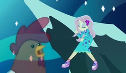 Size: 1881x1080 | Tagged: safe, screencap, fluttershy, bird, chicken, equestria girls, equestria girls series, g4, the last drop, the last drop: fluttershy, spoiler:choose your own ending (season 2), spoiler:eqg series (season 2), clothes, female, moon, shoes, sneakers