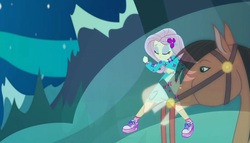 Size: 1879x1078 | Tagged: safe, screencap, fluttershy, lonestar, horse, equestria girls, equestria girls series, g4, the last drop, the last drop: fluttershy, spoiler:choose your own ending (season 2), spoiler:eqg series (season 2), clothes, female, moon, shoes, sneakers