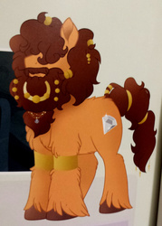 Size: 1289x1800 | Tagged: safe, chief stouthoof, earth pony, pony, filly sized follies, g4, my little pony: tails of equestria, beard, bracer, facial hair, fluffy, hair over face, jewelry, male, moustache, npc, rpg, solo, stallion, tail wrap, unshorn fetlocks