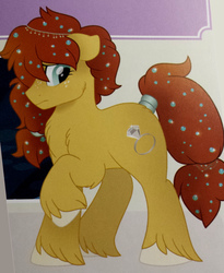 Size: 1476x1800 | Tagged: safe, savannah stouthoof, earth pony, pony, filly sized follies, g4, my little pony: tails of equestria, female, fluffy, mare, nervous, npc, raised hoof, rpg, solo, tail wrap, unshorn fetlocks