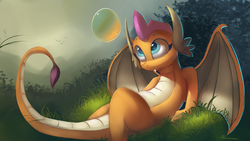 Size: 4000x2250 | Tagged: safe, artist:auroriia, smolder, dragon, g4, blue eyes, bubble, cute, cute little fangs, dragoness, fangs, female, grass, looking at something, looking up, nature, outdoors, scenery, sitting, smolderbetes, solo, tail, wings