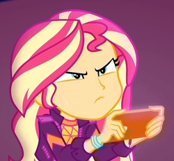 Size: 1139x1059 | Tagged: safe, screencap, sunset shimmer, equestria girls, equestria girls series, g4, the last drop, spoiler:choose your own ending (season 2), spoiler:eqg series (season 2), angry, cellphone, clothes, cropped, female, game, gamer sunset, music festival outfit, phone, shrunken pupils, smartphone, solo