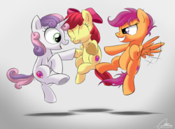 Size: 3934x2908 | Tagged: safe, artist:oinktweetstudios, apple bloom, scootaloo, sweetie belle, earth pony, pegasus, pony, unicorn, g4, the last crusade, cutie mark, cutie mark crusaders, eyes closed, female, filly, high res, jumping, looking at each other, simple background, the cmc's cutie marks, white background