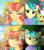 Size: 1000x1125 | Tagged: safe, artist:skyeypony, screencap, aunt holiday, auntie lofty, granny smith, earth pony, pegasus, pony, g4, the last crusade, anime style, eyes closed, female, mare, scene interpretation, smiling