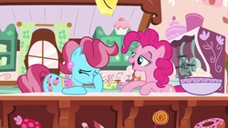 Size: 1920x1080 | Tagged: safe, screencap, cup cake, pinkie pie, earth pony, pony, between dark and dawn, g4, baking, bowl, cutie mark, ear piercing, employee, eyes closed, facehoof, female, frown, frustrated, kitchen, lidded eyes, mare, piercing, smiling, talking