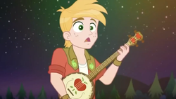 Size: 1280x720 | Tagged: safe, screencap, big macintosh, equestria girls, g4, my little pony equestria girls: choose your own ending, the last drop, the last drop: big macintosh, banjo, clothes, freckles, macabetes, musical instrument, night, night sky, sky