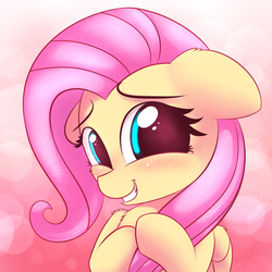 Size: 2300x2300 | Tagged: safe, artist:heavymetalbronyyeah, fluttershy, pegasus, pony, g4, abstract background, blushing, bust, cheek fluff, cute, ear fluff, female, floppy ears, folded wings, hair grab, heart eyes, high res, hooves together, looking at you, mare, portrait, shy, shyabetes, smiling, solo, wing fluff, wingding eyes, wings