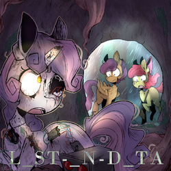 Size: 2000x2000 | Tagged: safe, artist:urbanqhoul, apple bloom, scootaloo, sweetie belle, earth pony, pegasus, pony, robot, robot pony, unicorn, g4, album cover, bow, cover, cover art, crying, damaged, destabilize, destabilize pt. 2 (l-st -n-d-ta), gun, hair bow, high res, hoof hold, l  st-in-d  ta, open mouth, rain, robot gore, sad, song cover, sweetie bot, weapon, wings