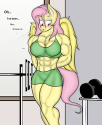 Size: 1314x1607 | Tagged: safe, artist:calm wind, artist:matchstickman, edit, fluttershy, anthro, g4, 1000 years in photoshop, abs, adorasexy, barbell, biceps, blushing, breasts, busty fluttershy, cleavage, clothes, cute, deltoids, dialogue, dumbbell (object), female, gym, hand behind back, midriff, muscles, muscleshy, muscular female, pecs, sexy, shy, solo, sports bra, sports shorts, weights, workout outfit