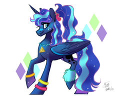 Size: 2500x2000 | Tagged: safe, artist:eeviart, princess luna, alicorn, pony, between dark and dawn, g4, 80s, 80s princess luna, abstract background, alternate hairstyle, cute, female, high res, jewelry, lunabetes, mare, necklace, ponytail, profile, simple background, smiling, solo, white background