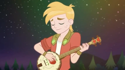 Size: 1280x720 | Tagged: safe, screencap, big macintosh, equestria girls, g4, my little pony equestria girls: choose your own ending, the last drop, the last drop: big macintosh, banjo, eyes closed, male, musical instrument, smiling