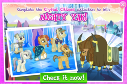 Size: 1038x687 | Tagged: safe, gameloft, bonna fide, fair trade, glamour gleam, golden hooves (g4), mustafa combe, sunburst, crystal pony, pony, unicorn, yak, g4, advertisement, background yak, braid, cape, clothes, cloven hooves, collection, crystal empire, crystallized, facial hair, female, male, mare, moustache, nose piercing, nose ring, piercing, stallion, uniform, unnamed character, unnamed yak