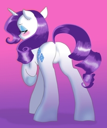Size: 1490x1785 | Tagged: safe, artist:wickedwind, rarity, pony, unicorn, blushing, butt, featureless crotch, female, gradient background, lidded eyes, looking at you, looking back, looking back at you, mare, plot, purple background, rear view, rearity, simple background, solo