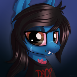 Size: 2250x2250 | Tagged: safe, artist:ask-colorsound, earth pony, pony, undead, zombie, zombie pony, bloodshot eyes, bring me the horizon, bust, clothes, colored sclera, commission, eye clipping through hair, fangs, frown, grumpy, hair over one eye, high res, lidded eyes, lip piercing, looking at you, male, oliver sykes, piercing, ponified, scar, shirt, solo, stallion, tattoo, torn ear, ych result