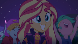 Size: 1908x1080 | Tagged: safe, screencap, aqua blossom, fry lilac, lemon zack, sunset shimmer, equestria girls, g4, my little pony equestria girls: choose your own ending, the last drop, background human, cute, female, glowstick, happy, male, night, night sky, nose in the air, outdoors, shimmerbetes, sky, smiling