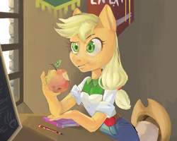 Size: 1000x800 | Tagged: safe, artist:dogs4life123, applejack, anthro, g4, apple, clothes, equestria girls outfit, female, food, no more ponies at source, solo