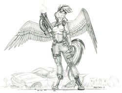 Size: 1400x1071 | Tagged: safe, artist:baron engel, rainbow dash, pegasus, anthro, unguligrade anthro, g4, amputee, breasts, bullpup rifle, car, clothes, female, gun, mare, midriff, monochrome, pants, patreon, patreon reward, prosthetic leg, prosthetic limb, prosthetics, scar, sketch, solo, story in the comments, story in the source, submachinegun, tank top, traditional art, trigger discipline, weapon, wreck