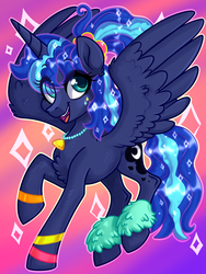 Size: 3000x4000 | Tagged: safe, artist:annakitsun3, princess luna, alicorn, pony, between dark and dawn, g4, 80s princess luna, cute, eye clipping through hair, female, happy, looking at you, mare, open mouth, smiling, solo, spread wings, wings