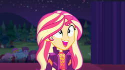 Size: 1914x1080 | Tagged: safe, screencap, cheerilee, fluttershy, frosty orange, sunset shimmer, equestria girls, g4, my little pony equestria girls: choose your own ending, the last drop, the last drop: sunset shimmer, background human, cute, female, happy, night, night sky, open mouth, outdoors, shimmerbetes, sky, smiling