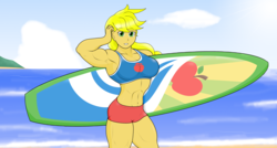 Size: 3226x1730 | Tagged: safe, artist:matchstickman, applejack, human, g4, applejacked, armpits, beach, breasts, busty applejack, clothes, female, humanized, looking at you, muscles, ocean, sand, shorts, solo, surfboard, swimsuit