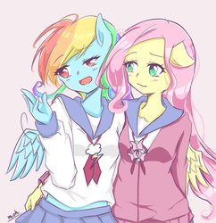 Size: 1980x2048 | Tagged: safe, artist:moh_mlp2, fluttershy, rainbow dash, human, g4, anime, eared humanization, female, humanized, lesbian, ship:flutterdash, shipping, winged humanization, wings